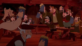 Movie still from “Beauty and the Beast” (1991), directed by Kirk Wise – A group of people are drinking beer at a party; Wide shot, Low angle