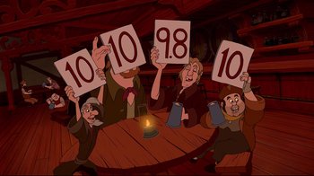 Movie still from “Beauty and the Beast” (1991), directed by Kirk Wise – A group of people sitting at a table holding up numbers; Medium shot, Low angle