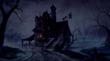Movie still from “Beauty and the Beast” (1991), directed by Kirk Wise – A painting of an old house in the middle of the night; Extreme Wide shot, High angle