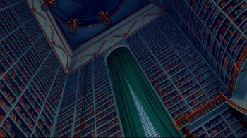 Movie still from “Beauty and the Beast” (1991), directed by Kirk Wise – A room filled with lots of shelves and a green curtain; Extreme Wide shot, Low angle