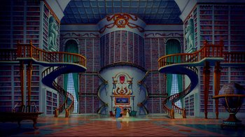 Movie still from “Beauty and the Beast” (1991), directed by Kirk Wise – A large library with a lot of bookshelves and stairs leading up to it; Extreme Wide shot, Low angle