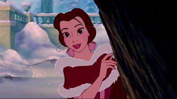 Movie still from “Beauty and the Beast” (1991), directed by Kirk Wise – A woman in a fur trimmed coat in front of a wall; Medium shot, Over the shoulder angle