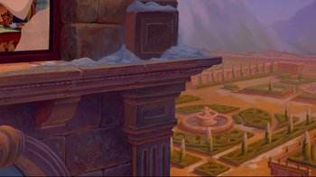 Movie still from “Beauty and the Beast” (1991), directed by Kirk Wise – A painting of an outdoor area with a fountain and a stone wall; Extreme Wide shot, High angle