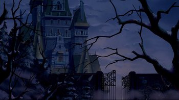 Movie still from “Beauty and the Beast” (1991), directed by Kirk Wise – A painting of an old castle with trees in front of it; Extreme Wide shot, Low angle
