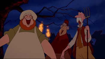 Movie still from “Beauty and the Beast” (1991), directed by Kirk Wise – A group of people standing next to each other in front of trees; Medium shot, Low angle