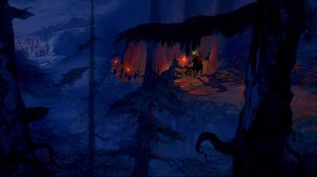 Movie still from “Beauty and the Beast” (1991), directed by Kirk Wise – A painting of people sitting in a cave at night; Extreme Wide shot, High angle