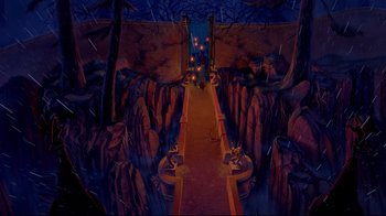 Movie still from “Beauty and the Beast” (1991), directed by Kirk Wise – A painting of a path leading to a cave; Extreme Wide shot, High angle