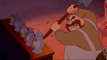 Movie still from “Beauty and the Beast” (1991), directed by Kirk Wise – An old man holding an axe in front of a table of tea pots; Medium shot, High angle