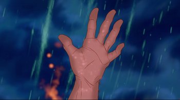 Movie still from “Beauty and the Beast” (1991), directed by Kirk Wise – An animated hand reaching up into the air; Extreme Close Up shot, Low angle