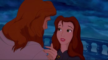 Movie still from “Beauty and the Beast” (1991), directed by Kirk Wise – A man and a woman talking to each other; Close Up shot, Over the shoulder angle