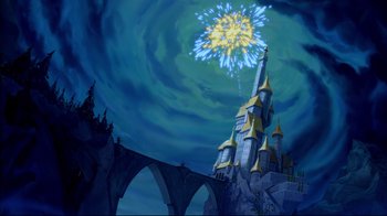 Movie still from “Beauty and the Beast” (1991), directed by Kirk Wise – An illustration of a castle with fireworks in the background; Extreme Wide shot, Low angle