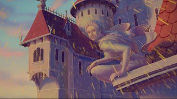 Movie still from “Beauty and the Beast” (1991), directed by Kirk Wise – A painting of a statue of a person in front of a castle; Extreme Wide shot, Low angle