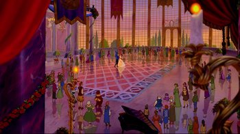 Movie still from “Beauty and the Beast” (1991), directed by Kirk Wise – A group of people standing in a large room; Extreme Wide shot, High angle