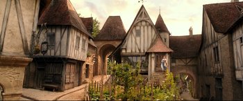 Movie still from “Beauty and the Beast” (2017), directed by Bill Condon – A model of an old european village with people; Extreme Wide shot, Low angle