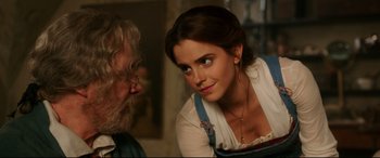 Movie still from “Beauty and the Beast” (2017), directed by Bill Condon – A man and a woman are talking to each other; Close Up shot, Over the shoulder angle