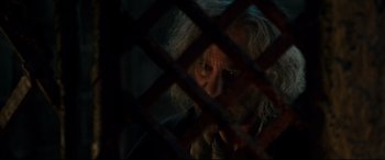 Movie still from “Beauty and the Beast” (2017), directed by Bill Condon – An old man looking through a chain link fence; Close Up shot, Over the shoulder angle