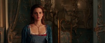 Movie still from “Beauty and the Beast” (2017), directed by Bill Condon – Emma watson as belle from beauty and the beast; Close Up shot, Over the shoulder angle