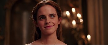 Movie still from “Beauty and the Beast” (2017), directed by Bill Condon – A person wearing a necklace; Close Up shot, Over the shoulder angle