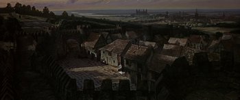 Movie still from “Becket” (1964), directed by Peter Glenville – An aerial view of an old town at night; Extreme Wide shot, High angle
