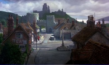 Movie still from “Bedknobs and Broomsticks” (1971), directed by Ward Kimball – An oil painting of an old town with a castle in the background; Extreme Wide shot, High angle