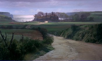 Movie still from “Bedknobs and Broomsticks” (1971), directed by Ward Kimball – A painting of a road near a house on the side of a hill; Extreme Wide shot, High angle