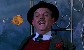 Movie still from “Bedknobs and Broomsticks” (1971), directed by Ward Kimball – A man with a mustache wearing a hat and a tie; Close Up shot, Low angle