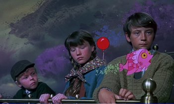 Movie still from “Bedknobs and Broomsticks” (1971), directed by Ward Kimball – A group of children standing next to each other; Medium shot, Low angle