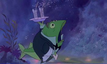 Movie still from “Bedknobs and Broomsticks” (1971), directed by Ward Kimball – A cartoon of a fish holding a tray with drinks on it; Medium shot, Low angle