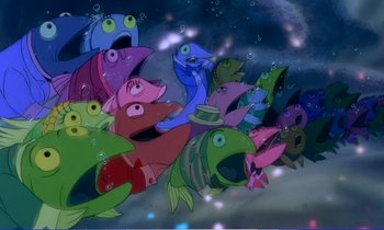 Movie still from “Bedknobs and Broomsticks” (1971), directed by Ward Kimball – A group of cartoon fish floating on top of the water; Wide shot, High angle