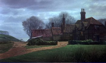 Movie still from “Bedknobs and Broomsticks” (1971), directed by Ward Kimball – A painting of an old house with a tree in the background; Extreme Wide shot, Low angle