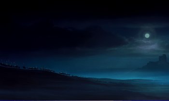 Movie still from “Bedknobs and Broomsticks” (1971), directed by Ward Kimball – A night sky filled with dark clouds over a hill; Extreme Wide shot, Low angle