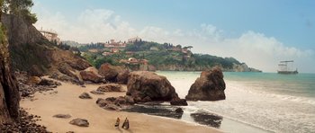 Movie still from “Bedtime Stories” (2008), directed by Adam Shankman – Two people walking on the beach near the water; Extreme Wide shot, High angle