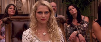 Movie still from “Bedtime Stories” (2008), directed by Adam Shankman – A woman with long blonde curly hair wearing a necklace; Close Up shot, Over the shoulder angle