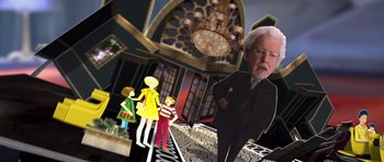 Movie still from “Bedtime Stories” (2008), directed by Adam Shankman – A group of people standing in front of a building; Wide shot, Over the shoulder angle