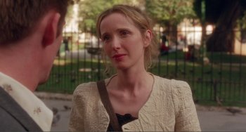 Movie still from “Before Sunset” (2004), directed by Richard Linklater – A person wearing a jacket; Close Up shot, Over the shoulder angle