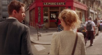 Movie still from “Before Sunset” (2004), directed by Richard Linklater – A man and a woman walking down a street; Medium shot, Over the shoulder angle