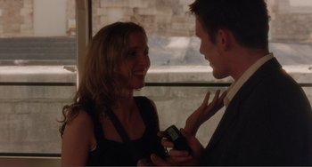 Movie still from “Before Sunset” (2004), directed by Richard Linklater – A man and a woman talking to each other; Close Up shot, Over the shoulder angle