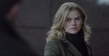 Movie still from “Before We Go” (2014), directed by Chris Evans – A woman with long blonde hair wearing a jacket; Close Up shot, Over the shoulder angle