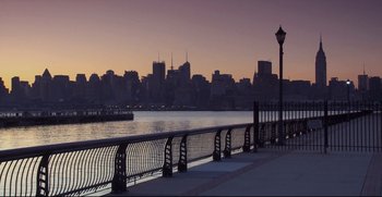 Movie still from “Before We Go” (2014), directed by Chris Evans – A view of a city from across the water; Extreme Wide shot, Low angle