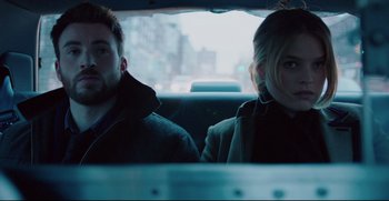 Movie still from “Before We Go” (2014), directed by Chris Evans – A man and a woman sitting in the back of a car; Close Up shot, Low angle