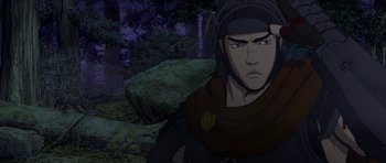 Movie still from “Berserk: The Golden Age Arc II - The Battle for Doldrey” (2012), directed by Toshiyuki Kubooka – A man with a red scarf is standing in front of a forest; Close Up shot, Low angle