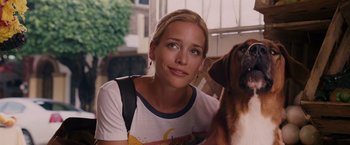 Movie still from “Beverly Hills Chihuahua” (2008), directed by Raja Gosnell – A woman sitting next to a brown and white dog; Close Up shot, Low angle