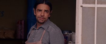 Movie still from “Beverly Hills Chihuahua” (2008), directed by Raja Gosnell – A man in a gray shirt and an apron; Close Up shot, Over the shoulder angle