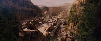 Movie still from “Beverly Hills Chihuahua” (2008), directed by Raja Gosnell – An artistic rendering of a valley with a waterfall; Extreme Wide shot, High angle