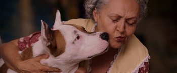 Movie still from “Beverly Hills Chihuahua” (2008), directed by Raja Gosnell – An older woman is kissing a brown and white dog's face; Close Up shot, Low angle