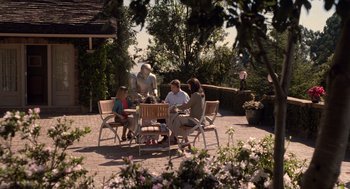 Movie still from “Bicentennial Man” (1999), directed by Chris Columbus – A group of people sitting around a table; Wide shot, High angle