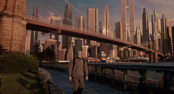 Movie still from “Bicentennial Man” (1999), directed by Chris Columbus – A man is walking on a bridge over a river; Wide shot, Low angle