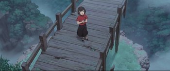 Movie still from “Big Fish & Begonia” (2016), directed by Chun Zhang – An animated woman standing on top of a wooden bridge; Wide shot, High angle