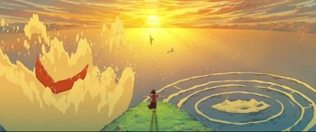 Movie still from “Big Fish & Begonia” (2016), directed by Chun Zhang – A woman standing on a green hill near the ocean; Extreme Wide shot, High angle