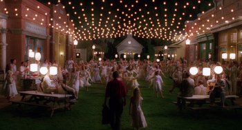Movie still from “Big Fish” (2003), directed by Tim Burton – A group of people in white dresses dancing in a field at night; Extreme Wide shot, High angle